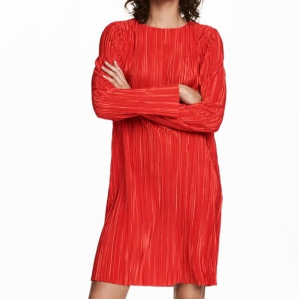 H&M Red Pleated Shift Dress